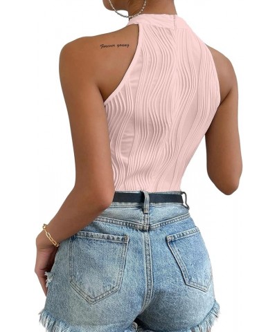 One Shoulder Bodysuit for Women Halter Mock Neck Asymmetrical Sleeveless Body Suit Tops Textured Pink $10.78 Lingerie