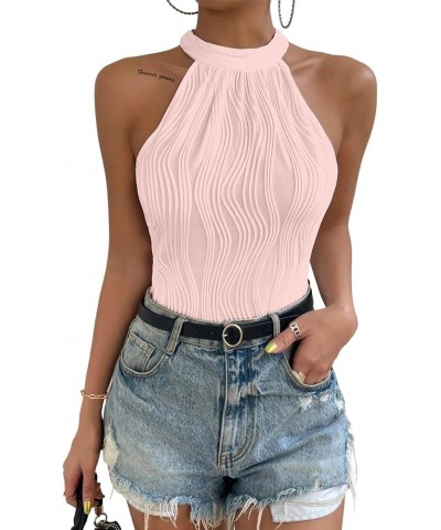 One Shoulder Bodysuit for Women Halter Mock Neck Asymmetrical Sleeveless Body Suit Tops Textured Pink $10.78 Lingerie