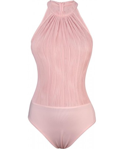 One Shoulder Bodysuit for Women Halter Mock Neck Asymmetrical Sleeveless Body Suit Tops Textured Pink $10.78 Lingerie