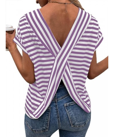 Women's Striped Shirt Back Criss Cross Tops Short Batwing Sleeve Casual Tee Purple White Striped $17.69 T-Shirts