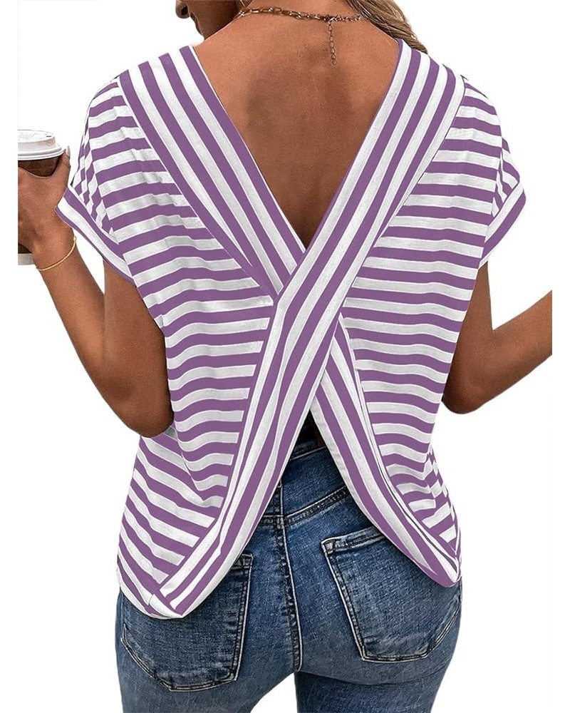 Women's Striped Shirt Back Criss Cross Tops Short Batwing Sleeve Casual Tee Purple White Striped $17.69 T-Shirts