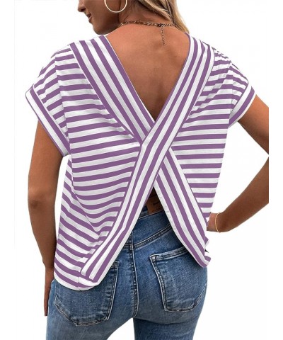 Women's Striped Shirt Back Criss Cross Tops Short Batwing Sleeve Casual Tee Purple White Striped $17.69 T-Shirts