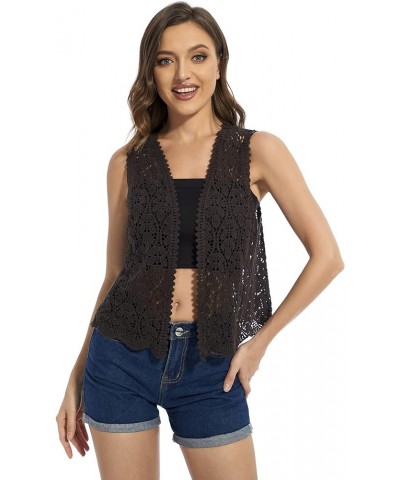 Womens Floral Crochet Lace Trim Sleeveless Open Front Vest Cardigan Grey $10.78 Sweaters