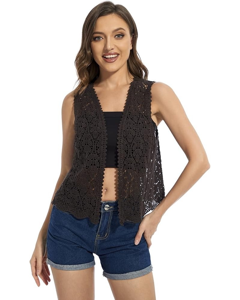 Womens Floral Crochet Lace Trim Sleeveless Open Front Vest Cardigan Grey $10.78 Sweaters