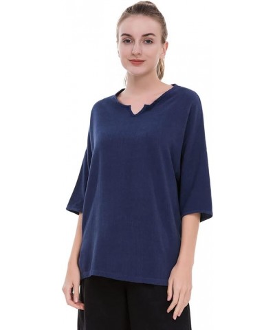 Women's Essential Casual Loose Solid Cotton Linen Tops Blouses Navy $13.16 Blouses