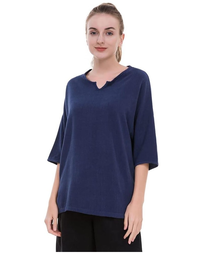 Women's Essential Casual Loose Solid Cotton Linen Tops Blouses Navy $13.16 Blouses