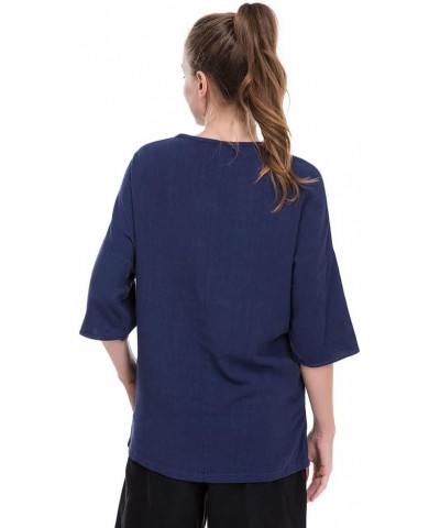 Women's Essential Casual Loose Solid Cotton Linen Tops Blouses Navy $13.16 Blouses