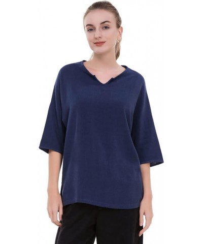 Women's Essential Casual Loose Solid Cotton Linen Tops Blouses Navy $13.16 Blouses