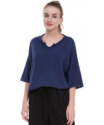 Women's Essential Casual Loose Solid Cotton Linen Tops Blouses Navy $13.16 Blouses