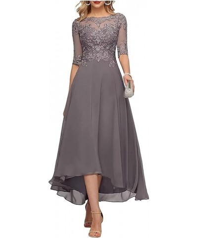 3/4 Sleeves Mother of The Bride Dresses for Wedding Tea Length Lace Appliques Formal Dresses for Women Grey $38.46 Dresses