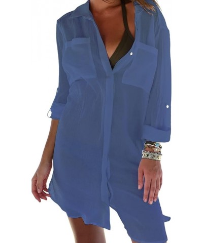 Swimsuit Coverup for Women Button Down Shirts with Pockets Bikini Cover Up A-dark Blue $10.34 Swimsuits