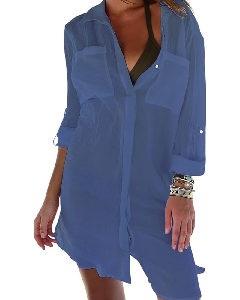 Swimsuit Coverup for Women Button Down Shirts with Pockets Bikini Cover Up A-dark Blue $10.34 Swimsuits