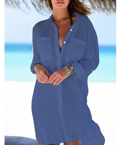 Swimsuit Coverup for Women Button Down Shirts with Pockets Bikini Cover Up A-dark Blue $10.34 Swimsuits