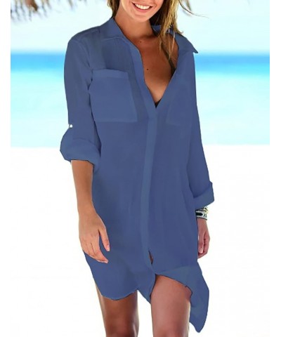 Swimsuit Coverup for Women Button Down Shirts with Pockets Bikini Cover Up A-dark Blue $10.34 Swimsuits