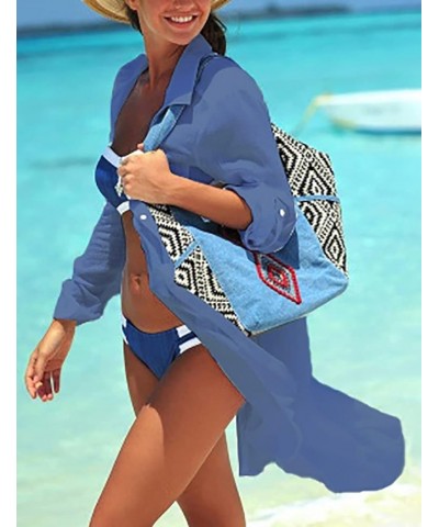 Swimsuit Coverup for Women Button Down Shirts with Pockets Bikini Cover Up A-dark Blue $10.34 Swimsuits