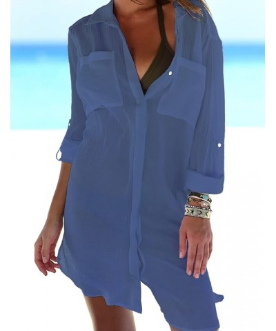 Swimsuit Coverup for Women Button Down Shirts with Pockets Bikini Cover Up A-dark Blue $10.34 Swimsuits