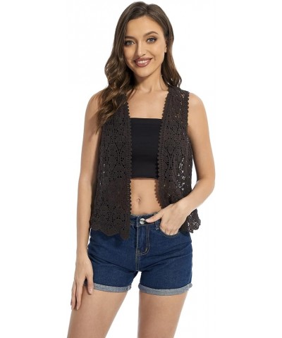 Womens Floral Crochet Lace Trim Sleeveless Open Front Vest Cardigan Grey $10.78 Sweaters