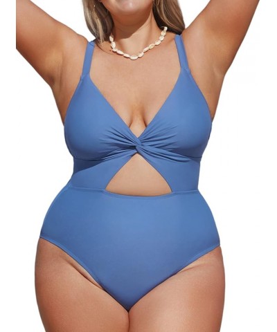 Women Swimsuit Plus Size One Piece Bathing Suit V Neck Twisted Cutout Front with Adjustable Wide Straps Blue $19.80 Swimsuits