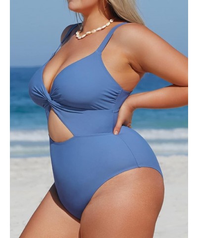 Women Swimsuit Plus Size One Piece Bathing Suit V Neck Twisted Cutout Front with Adjustable Wide Straps Blue $19.80 Swimsuits