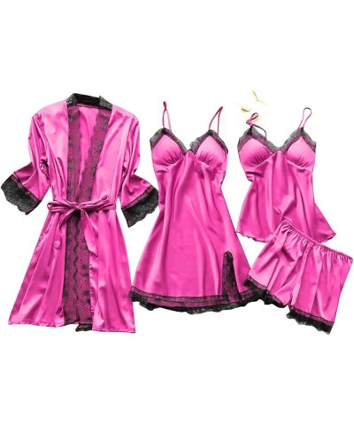 Womens 4PCS Silk Pajama Set Sexy Matching Satin Night Gowns Cute Lingerie Silky Sleepwear New Year Eve S-5XL Hot Pink $11.69 ...