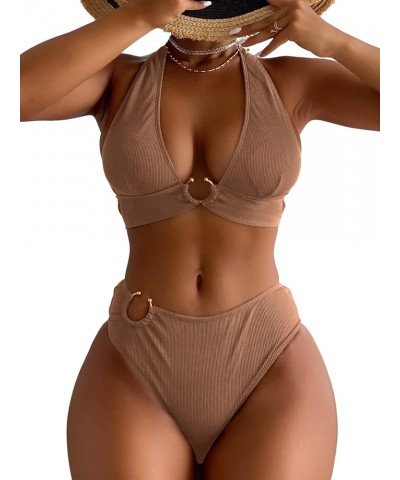 Women's 2PCS Ring Swimsuit Tie Neck Halter High Waist Solid Bikini Set Wireless Sexy Bathing Suit Khaki $9.89 Swimsuits