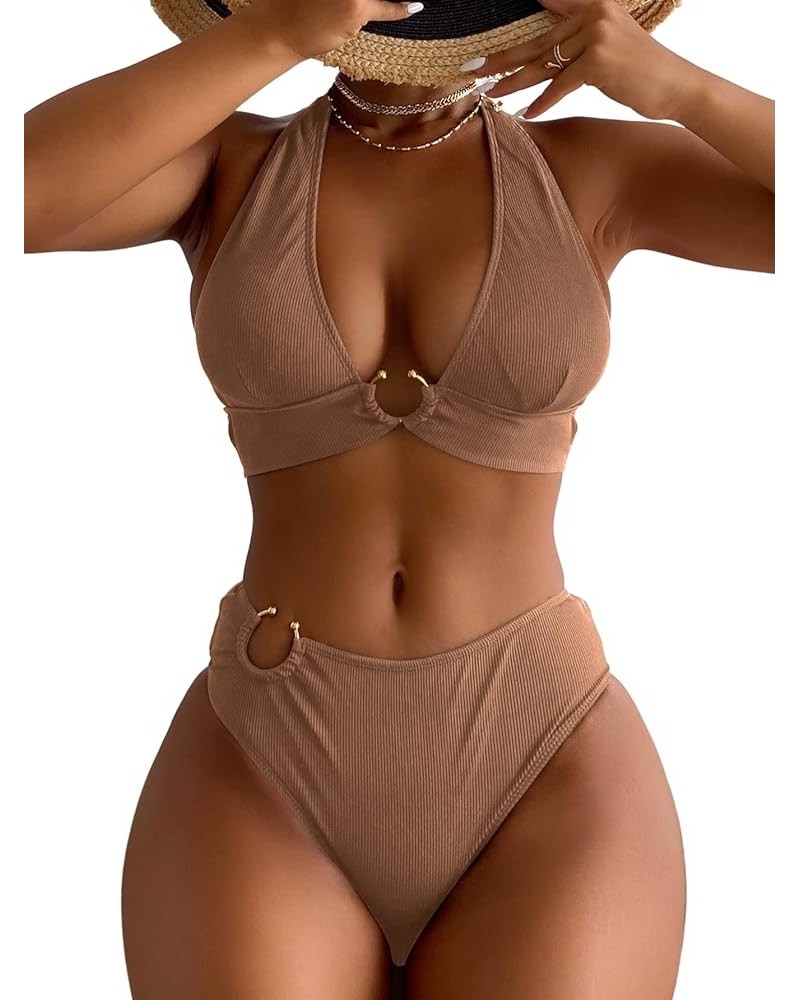 Women's 2PCS Ring Swimsuit Tie Neck Halter High Waist Solid Bikini Set Wireless Sexy Bathing Suit Khaki $9.89 Swimsuits