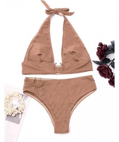 Women's 2PCS Ring Swimsuit Tie Neck Halter High Waist Solid Bikini Set Wireless Sexy Bathing Suit Khaki $9.89 Swimsuits