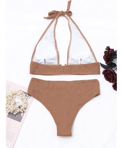 Women's 2PCS Ring Swimsuit Tie Neck Halter High Waist Solid Bikini Set Wireless Sexy Bathing Suit Khaki $9.89 Swimsuits