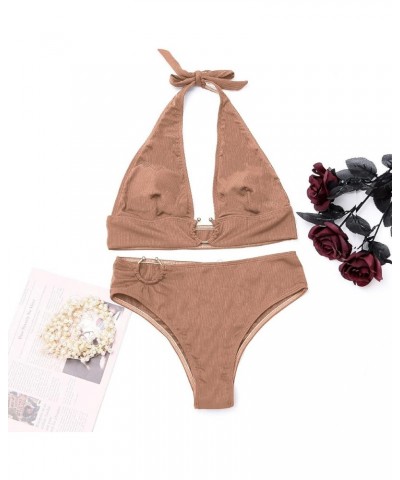 Women's 2PCS Ring Swimsuit Tie Neck Halter High Waist Solid Bikini Set Wireless Sexy Bathing Suit Khaki $9.89 Swimsuits