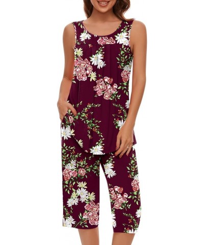 Pajamas Sets for Women Soft Sleeveless Pjs Tank Top and Capri Pants with Pocket Ladies Loungewear Sets Floral Wine $12.90 Lin...