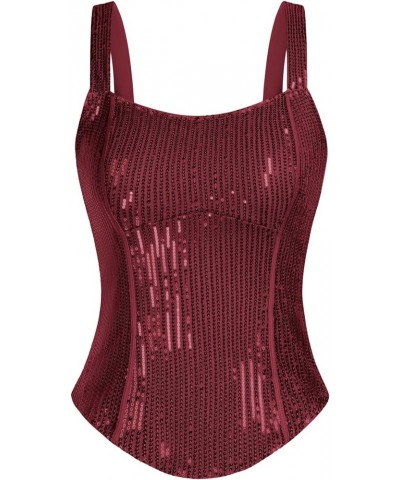 Sequin Tank Tops for Women Bustier Corset Top Sparkle Sexy Slim Camisole Sleeveless Party Wine Red $18.01 Tops