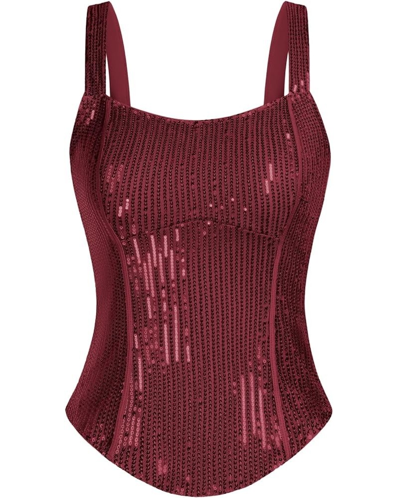 Sequin Tank Tops for Women Bustier Corset Top Sparkle Sexy Slim Camisole Sleeveless Party Wine Red $18.01 Tops