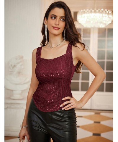 Sequin Tank Tops for Women Bustier Corset Top Sparkle Sexy Slim Camisole Sleeveless Party Wine Red $18.01 Tops