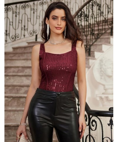 Sequin Tank Tops for Women Bustier Corset Top Sparkle Sexy Slim Camisole Sleeveless Party Wine Red $18.01 Tops