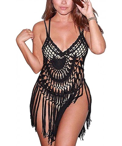 Women's Backless Spaghetti Strap Halter Crochet Knit Tassel Cover Up Tops 01 Black $11.90 Swimsuits