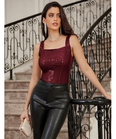 Sequin Tank Tops for Women Bustier Corset Top Sparkle Sexy Slim Camisole Sleeveless Party Wine Red $18.01 Tops