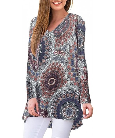 Womens Casual Flattering Long Sleeve Dressy Casual Comfy Blouse Loose Fit Flowy Tunic Tops Medallion_red/Navy $13.63 Tops