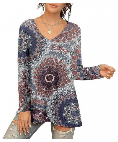 Womens Casual Flattering Long Sleeve Dressy Casual Comfy Blouse Loose Fit Flowy Tunic Tops Medallion_red/Navy $13.63 Tops