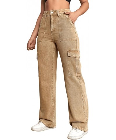 Women's High Waist Cargo Jeans Flap Pocket Wide Leg Denim Pants Pale Khaki $25.44 Jeans