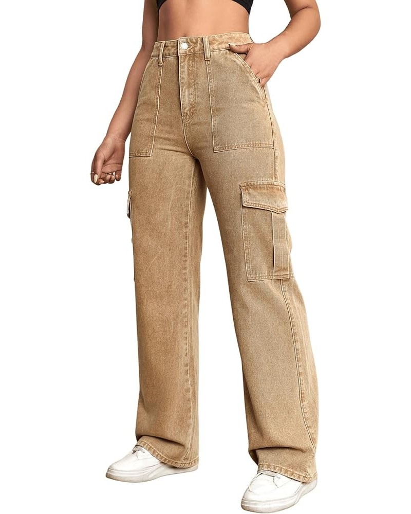 Women's High Waist Cargo Jeans Flap Pocket Wide Leg Denim Pants Pale Khaki $25.44 Jeans