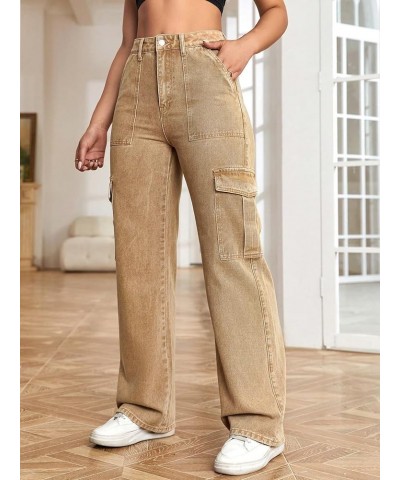 Women's High Waist Cargo Jeans Flap Pocket Wide Leg Denim Pants Pale Khaki $25.44 Jeans