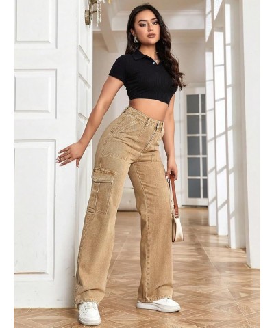 Women's High Waist Cargo Jeans Flap Pocket Wide Leg Denim Pants Pale Khaki $25.44 Jeans