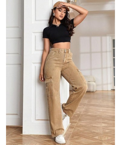 Women's High Waist Cargo Jeans Flap Pocket Wide Leg Denim Pants Pale Khaki $25.44 Jeans