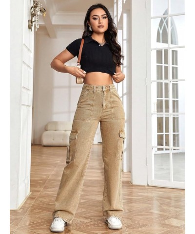 Women's High Waist Cargo Jeans Flap Pocket Wide Leg Denim Pants Pale Khaki $25.44 Jeans