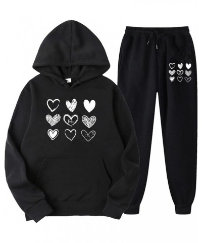 Sweater Pants Set Womens Fashionable Solid Color Love Print Sports Casual Plush Hoodie Sweatshirt And Pants Set (6) Black $19...