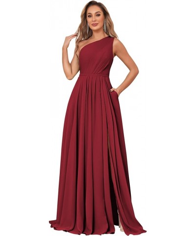 One Shoulder Bridesmaid Dresses for Wedding with Pockets Chiffon A Line Long Formal Evening Party Gowns Burgundy $31.50 Dresses