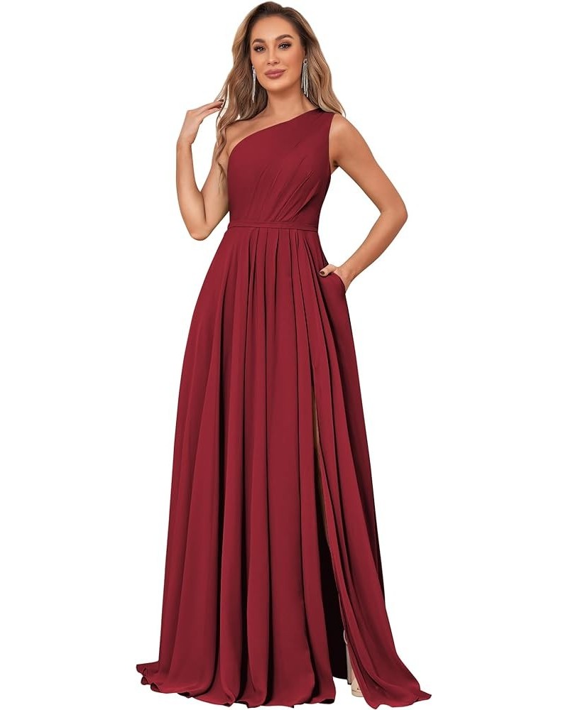 One Shoulder Bridesmaid Dresses for Wedding with Pockets Chiffon A Line Long Formal Evening Party Gowns Burgundy $31.50 Dresses