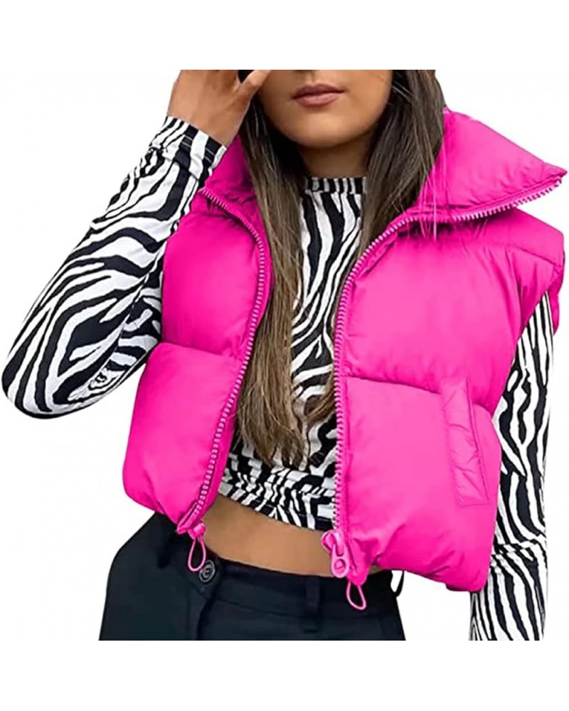 Womens girls puffer Jacket Crop Length Sleeveless Reversible Vest Outfit Lightweight Front Zipper Waistcoat Outerwear Rose Re...