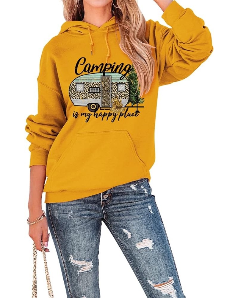 Camping is My Happy Place Hoodie Womens Casual Drawstring Hooded Sweatshirt Long Sleeve Tops Funny Camping Shirt Gifts Yellow...