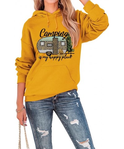 Camping is My Happy Place Hoodie Womens Casual Drawstring Hooded Sweatshirt Long Sleeve Tops Funny Camping Shirt Gifts Yellow...